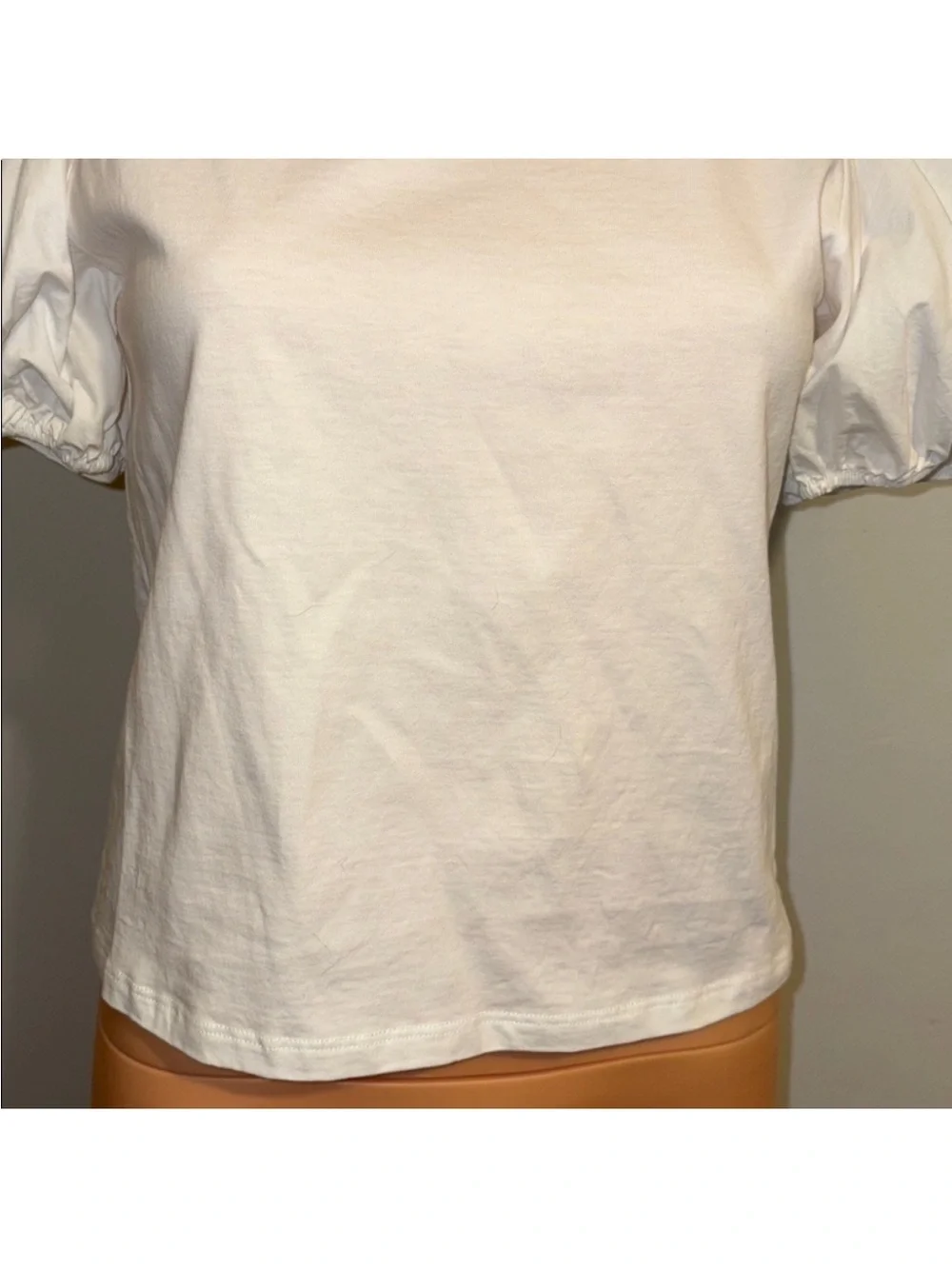 Zara White Puff Sleeve Crochet-Shoulder Tee